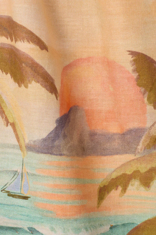 Vintage-style illustration of a tropical scene with palm trees, mountain, and sailboat.