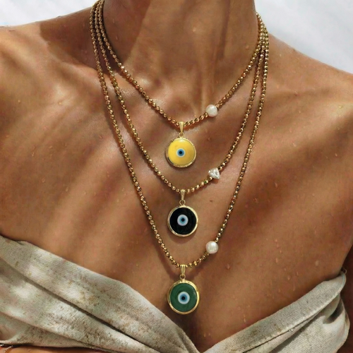 Colorful Glass Evil Eye Necklace with Gold Hematite & Pearl