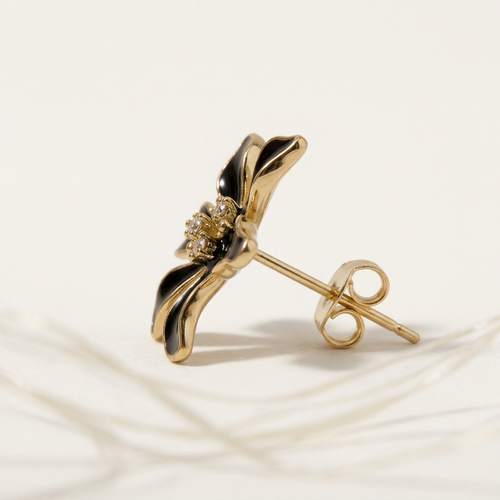 Black Enamel Flower Studs