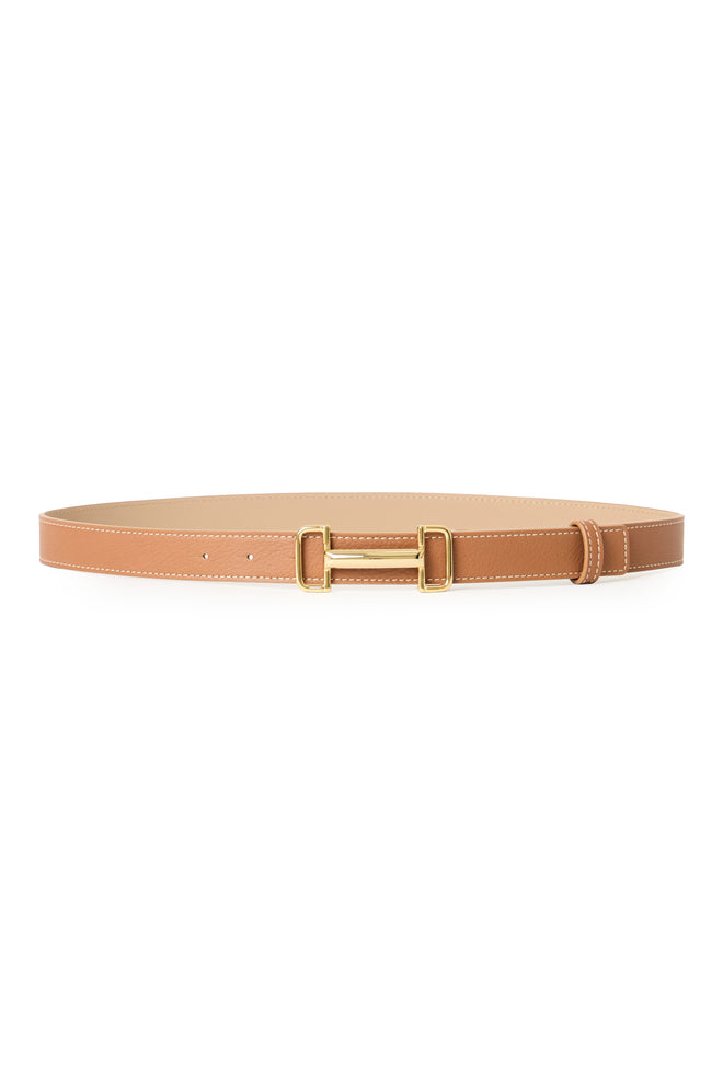 cognac leather belt with gold buckle