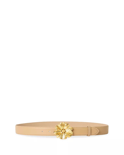 Beige belt with a gold flower-shaped buckle on a white background