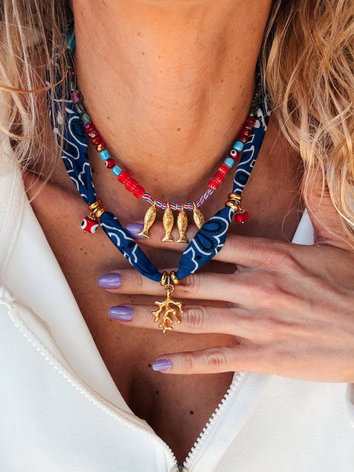 Fish beaded necklace in Greek islands colors