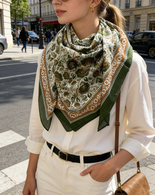 Square Floral Print Scarf-Green