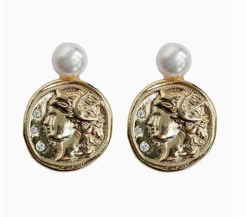 Genuine Pearl and Gold Coin Statement Earrings