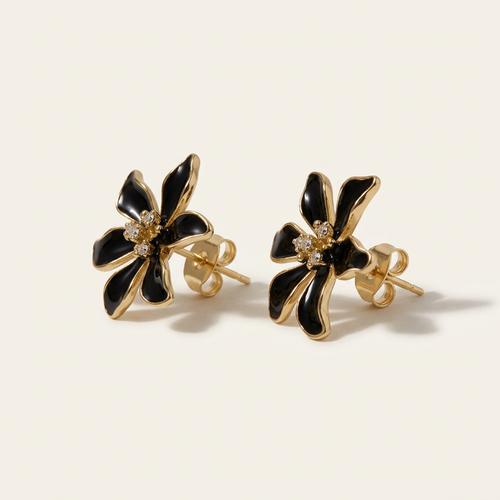 Black Enamel Flower Studs