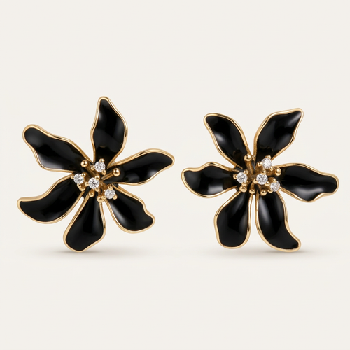 Black Enamel Flower Studs