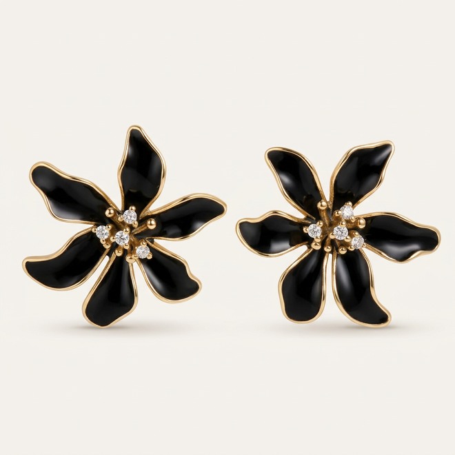 Black Enamel Flower Studs