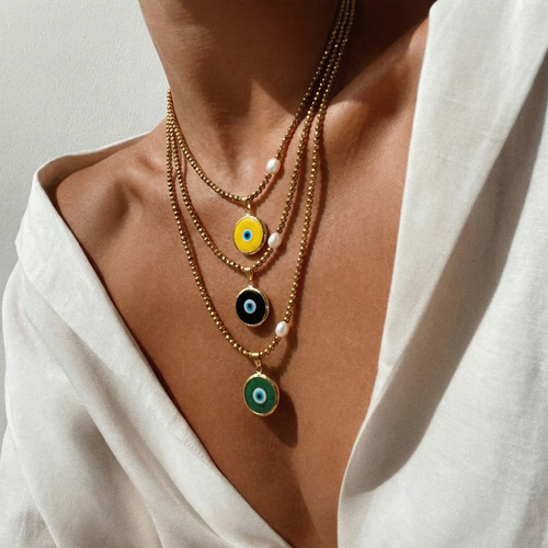 Colorful Glass Evil Eye Necklace with Gold Hematite & Pearl