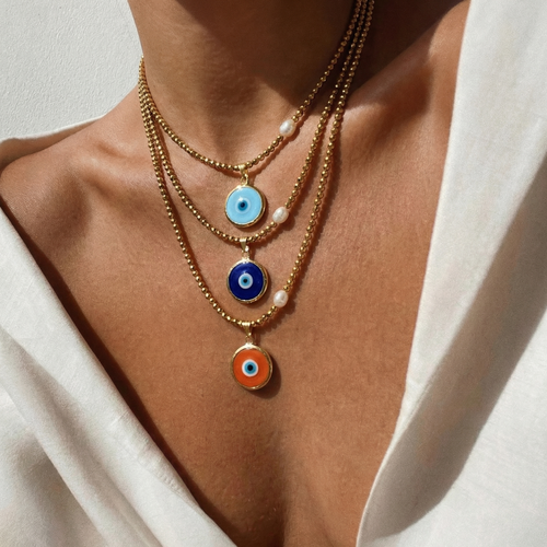 Colorful Glass Evil Eye Necklace with Gold Hematite & Pearl