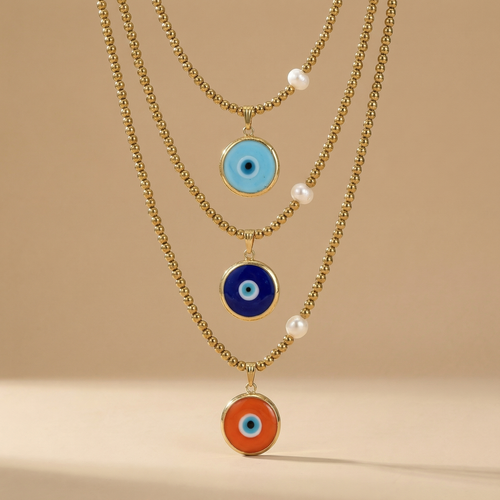 Colorful Glass Evil Eye Necklace with Gold Hematite & Pearl