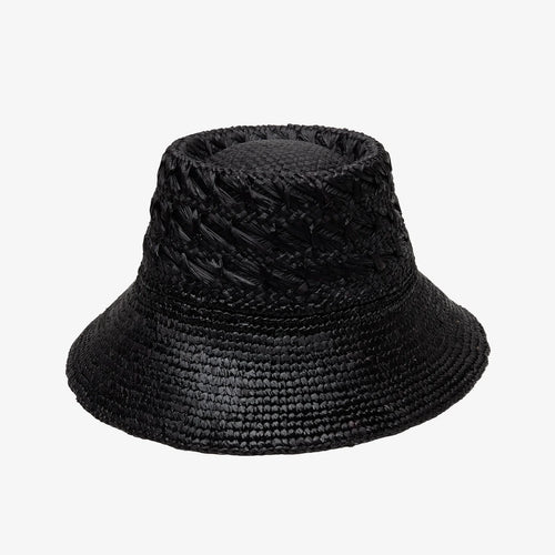 Black woven bucket hat on a white background