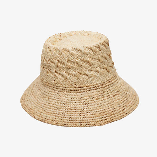 Beige woven bucket hat on a white background
