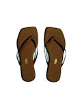 Brown square toed flip-flops with on a white background