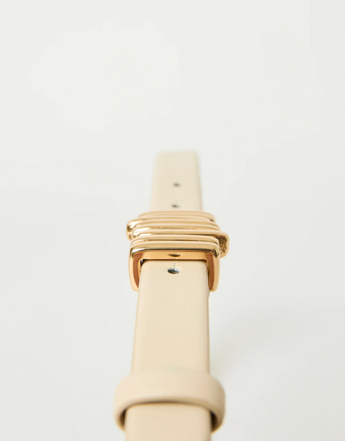 Cream belt with gold buckle on a light beige background