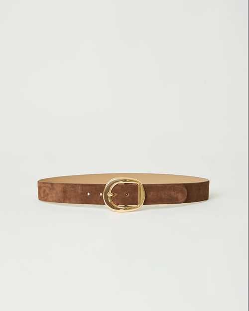 Brown suede belt and a polished gold-tone Italian buckle