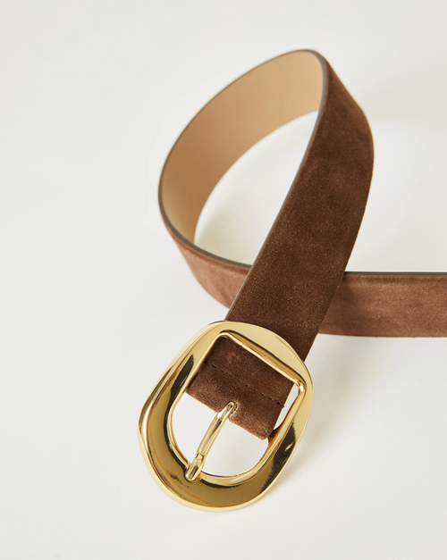 Brown suede belt and a polished gold-tone Italian buckle