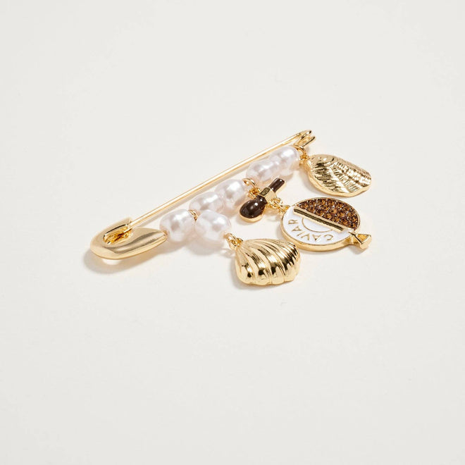 Gold Tone Pearl & Caviar Charm Safety Pin Brooch