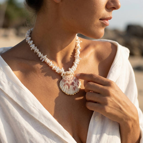 Scallop Shell Necklace w/Pearls