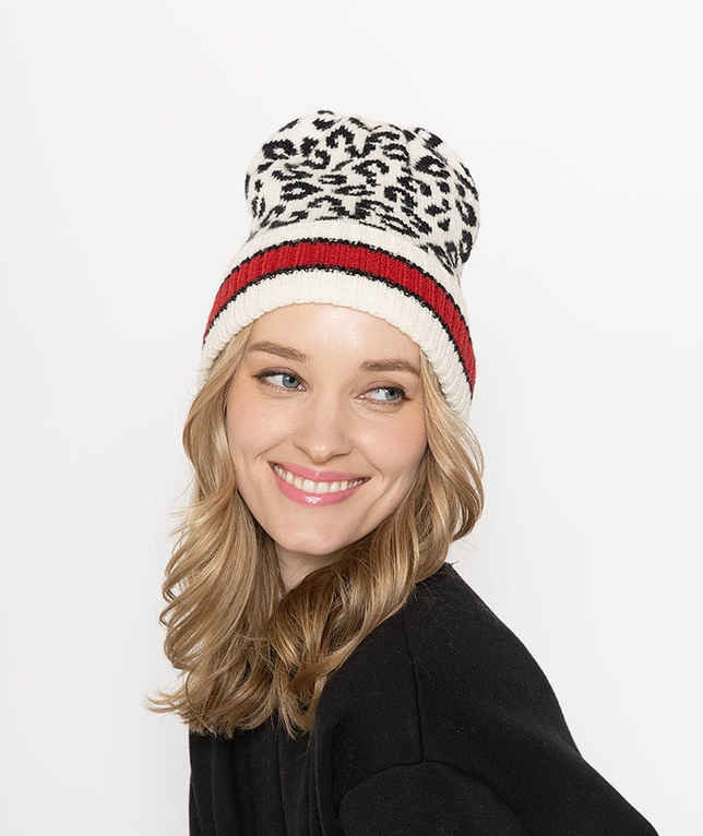 Leopard Beanie With Stripe Cuff