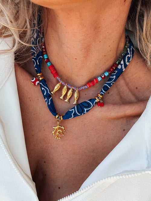 Fish beaded necklace in Greek islands colors