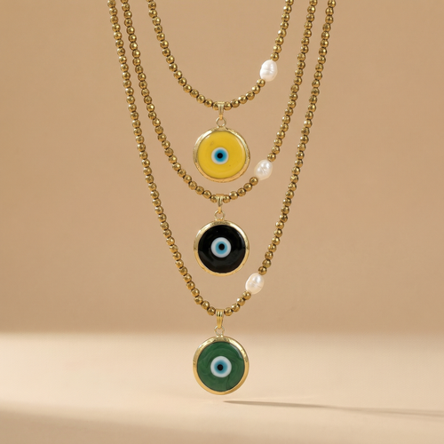 Colorful Glass Evil Eye Necklace with Gold Hematite & Pearl