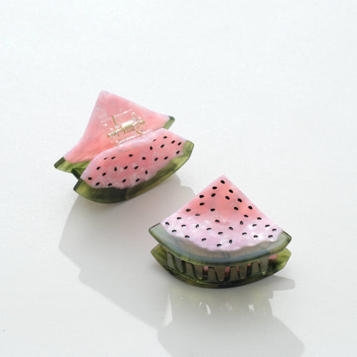 Two watermelon hair clips with pink flesh and black seeds and green rim on a white background
