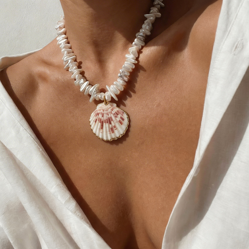 Scallop Shell Necklace w/Pearls