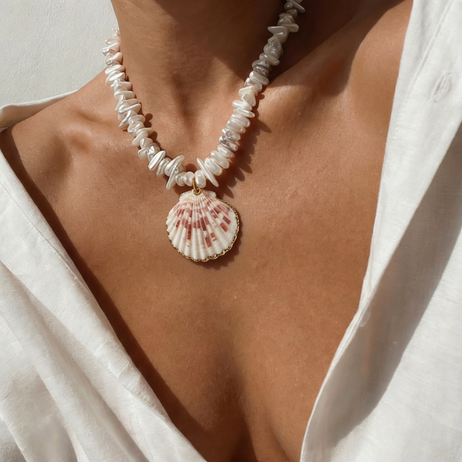Scallop Shell Necklace w/Pearls