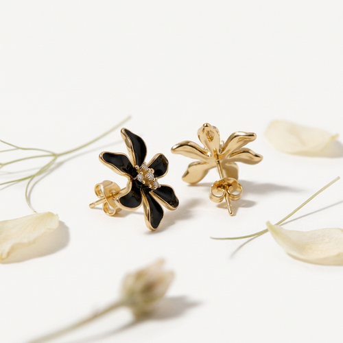 Black Enamel Flower Studs