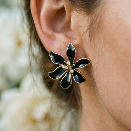 Black Enamel Flower Studs