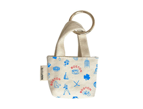 Small keychain mini tote bag with 'Boston'-themed designs and a key ring on a white background