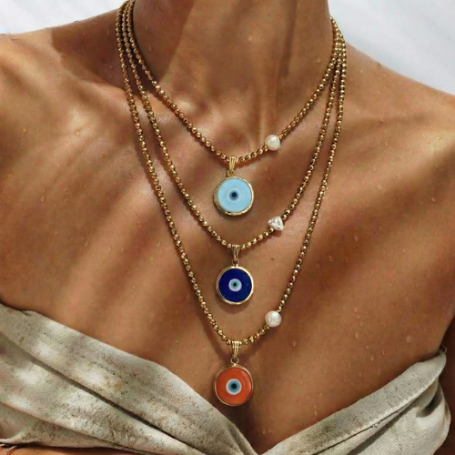 Colorful Glass Evil Eye Necklace with Gold Hematite & Pearl