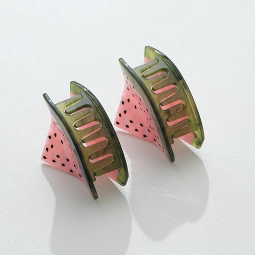 Watermelon hair clips with pink flesh and black seeds and green rim on a white background